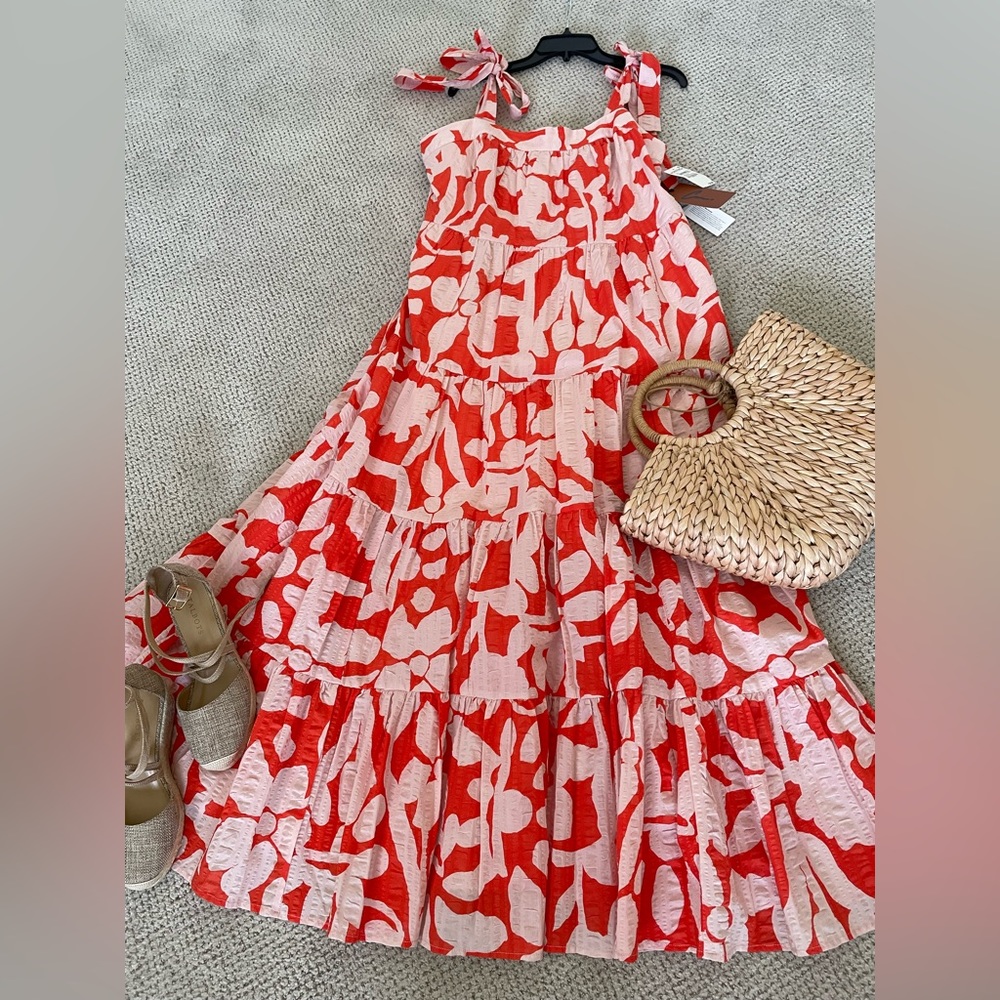 Red and Cream Tie-Shoulder Maxi Dress